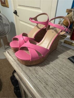 Bright Pink Cork Wedge Sandals with Ankle Strap